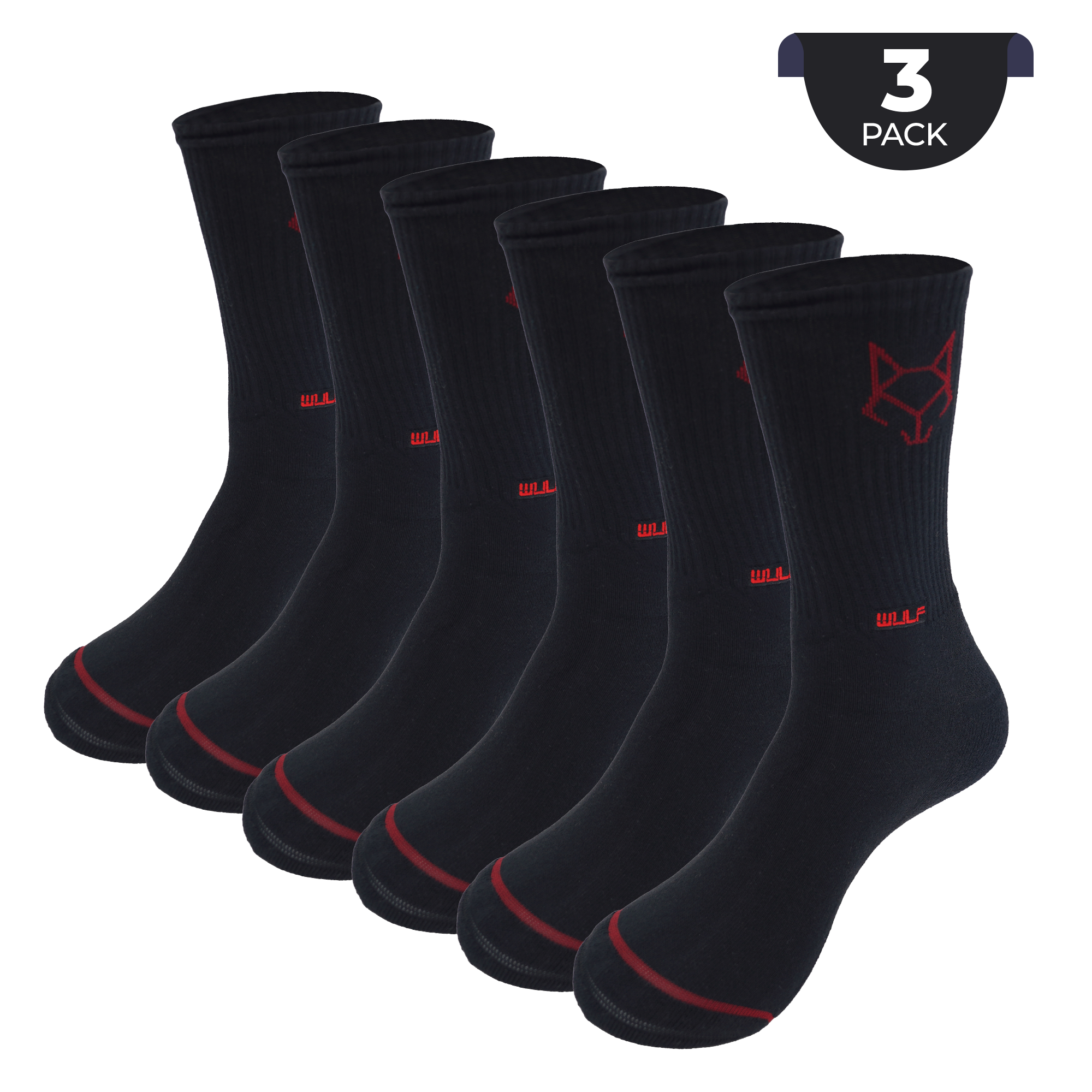 The pack includes three pairs of socks, all in sleek black to pair well with your athletic attire. The socks are adorned with a vibrant red logo on each outer ankle and WULF icons on either side, adding a touch of style to your athletic fashion.
