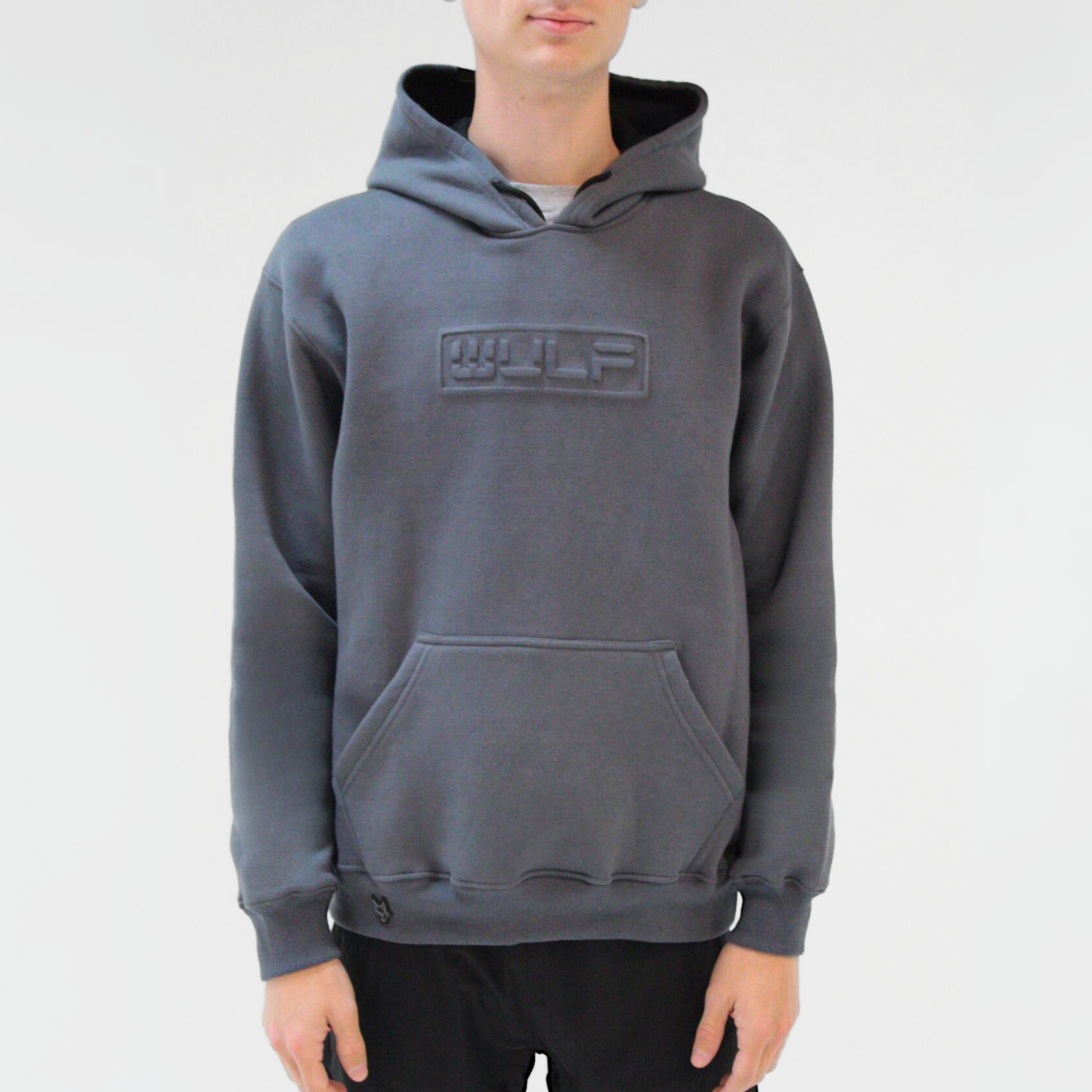 Men's WULF classic Gray Kangaroo Pocket Hoodie with embossed Wulf logo is a classic complement to your wardrobe featuring cotton fleece, a drawstring hood, and Wulf icon.