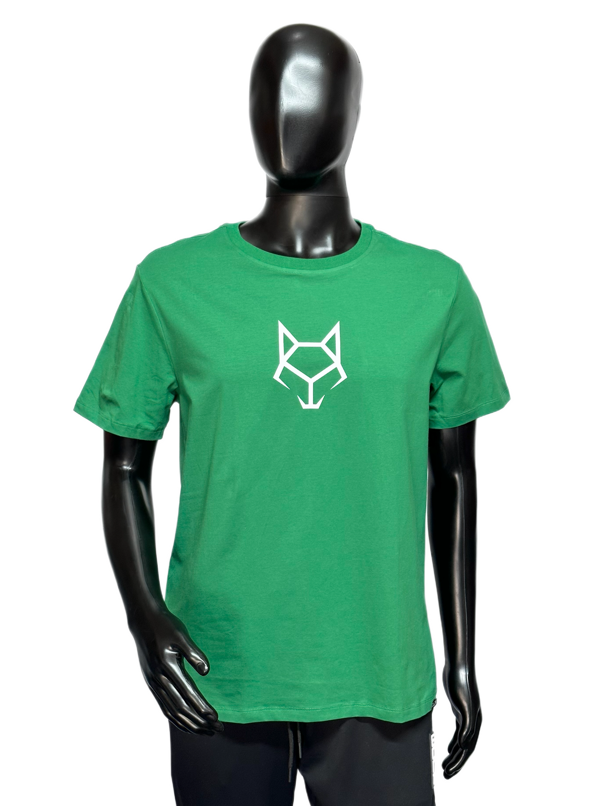 Green t-shirt with a white Wulf logo on a mannequin against a white background