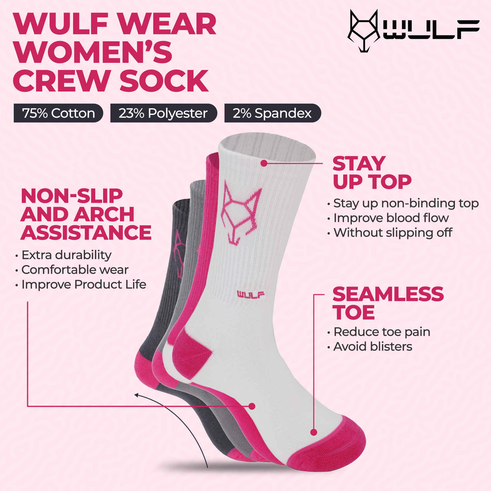 Women's Classic Crew Socks - Multi Color Wulf pack of 4