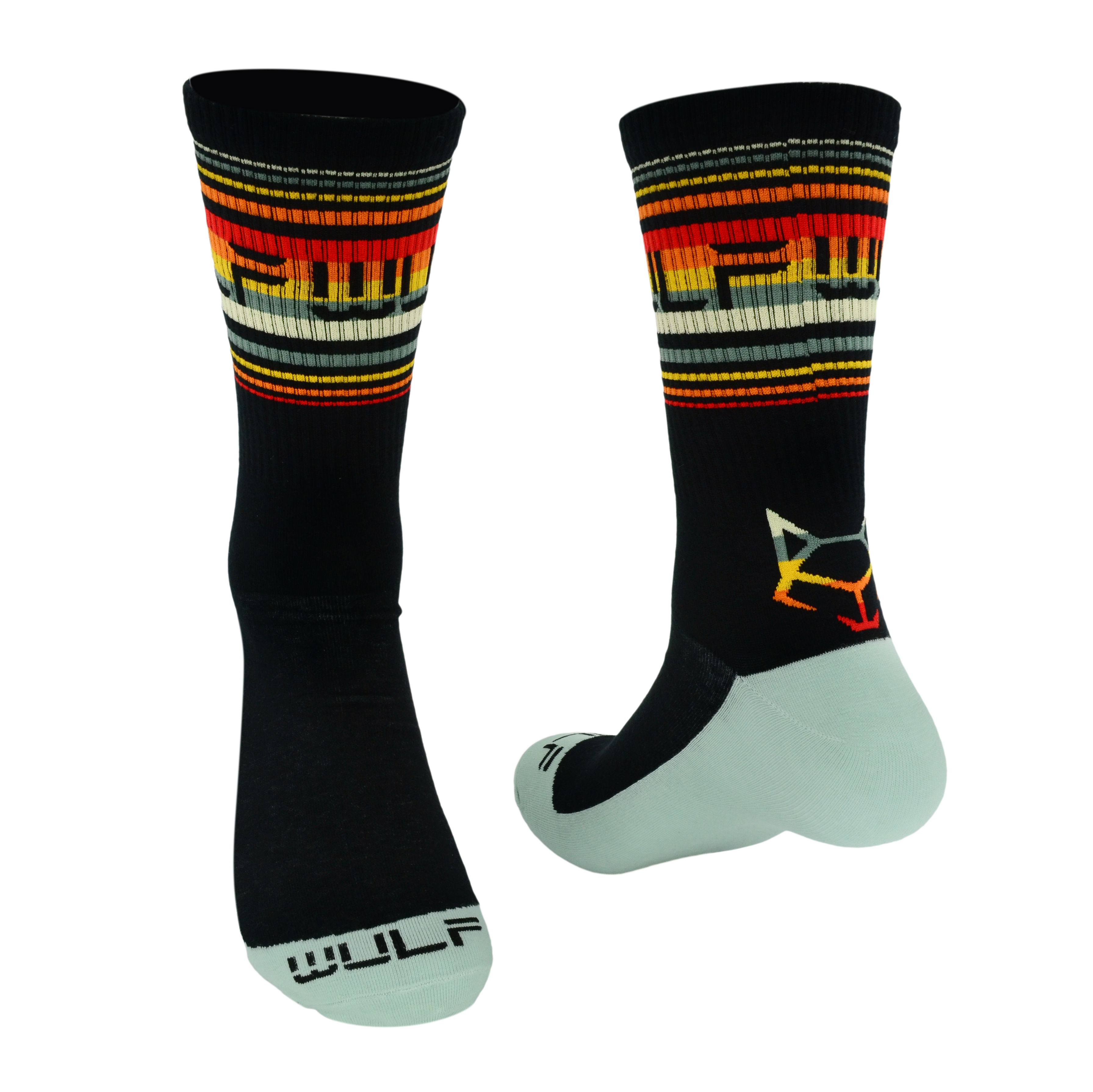 Elevate your commanding presence with our extraordinary Wulf-Wear Crew Socks that demand the spotlight in any room. The cuff showcases captivating rainbow stripes against navy blue, effortlessly adding a pop of color and a free-spirited touch to your athletic attire. The navy blue descends into a light blue sole, creating a seamless and stylish transition. 